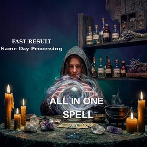 May include: A person in a hooded cloak gazes at a glowing crystal ball with swirling smoke. The table features lit candles, crystals, tarot cards, and a small cauldron. Text reads: FAST RESULT Same Day Processing ALL IN ONE SPELL.
