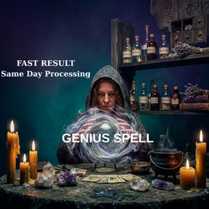 Puede incluir: Una persona con capa con capucha mira una bola de cristal brillante con humo giratorio. La mesa tiene velas encendidas, cartas de tarot dispersas y cristales. Los estantes al fondo contienen botellas de vidrio. Texto: FAST RESULT, Same Day Processing, GENIUS SPELL.