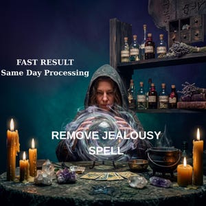 Puede incluir: Una persona con capa con capucha mira una bola de cristal brillante con humo giratorio. El texto dice FAST RESULT Same Day Processing y REMOVE JEALOUSY SPELL. La mesa tiene velas encendidas, cristales, cartas del tarot y un caldero negro.