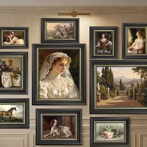 May include: A gallery wall arrangement featuring ten framed art prints in black frames with gold inner trim. The collection includes portraits of people, a landscape with statues, a horse, a dog, a still life with flowers, and a house scene.