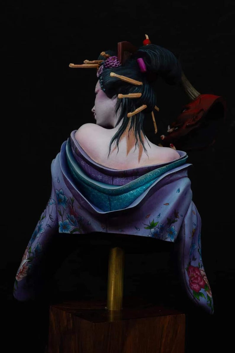 Gaasha Mask 1/9 Japanese Geisha Holding Hannya and Noh Masks Bust - Unpainted Resin ...
