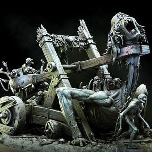 May include: A dark fantasy miniature of a wooden siege catapult constructed from skeletal remains. The structure features a large, screaming cyclopean head as the projectile arm, with multiple small skeletal figures integrated into the frame.