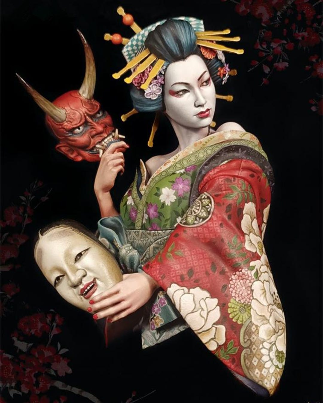 Gaasha Mask 1/9 Japanese Geisha Holding Hannya and Noh Masks Bust - Unpainted Resin ...