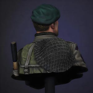 May include: A painted resin bust of a soldier seen from the back, wearing a dark green beret and a light olive military jacket. A dark netting is draped over the shoulder, and a black and wooden tool is secured to the side of the gear pack.