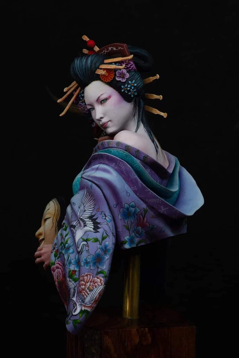 Gaasha Mask 1/9 Japanese Geisha Holding Hannya and Noh Masks Bust - Unpainted Resin ...