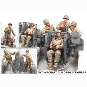 May include: A set of four miniature plastic figures representing an anti-aircraft gun crew, each wearing a tan uniform and a helmet. The figures are depicted in various poses around a gray anti-aircraft gun. The text reads ANTI AIRCRAFT GUN CREW -4 FIGURES.