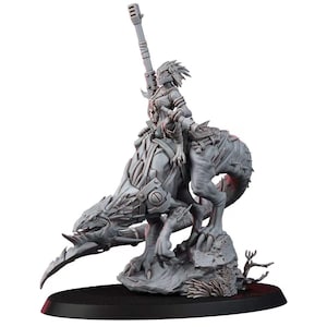 May include: A gray resin miniature figure of a humanoid warrior riding a large reptilian creature. The warrior holds a long rifle, while the creature features spiked scales and stands on a rocky base. The entire model is unpainted and detailed.