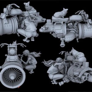 May include: A gray 3D-printed resin model kit featuring a person crouching beside a futuristic motorcycle with a large jet engine intake, a small dog sitting on the seat, and a rear exhaust assembly with three cylindrical pipes and detailed mechanical parts.