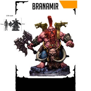 Op de afbeelding: Een 1/24 schaal miniatuurfiguur genaamd Branamir, 85 mm hoog. Het gespierde figuur heeft een rode hanenkam en een gevlochten baard en houdt een grote donkere bijl vast. Het draagt een blauwe broek, een riem met een schedel en gouden schouderharnas.