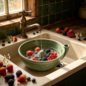 May include: A sage green ceramic colander bowl with a central reamer cone, filled with water and fresh berries including strawberries, blackberries, and red currants, positioned under a vintage brass kitchen faucet in a light-colored sink.