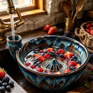 Könnte beinhalten: Eine blau-braune Keramikschüssel mit integriertem Entsafterkegel und seitlichem Ausguss, gefüllt mit Wasser und frischen Beeren. Ein Messinghahn gießt Wasser in den Ausguss, während Erdbeeren und Brombeeren um die Schüssel herum verteilt sind.