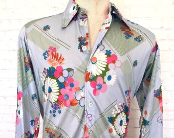 70's Givenchy by cesa Funky Floral Long Sleeve Mens Shirt - Size Large