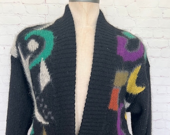 80's Abstract Cardigan -Oversized -  Wool Blend - Ladies Fashions SKVJT - SIze Medium - Gender Neutral