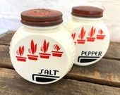1940 39 s Fire King Vitrock Salt Pepper Shakers Set - Anchor Hocking - Milk Glass - Red Flowers