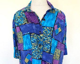 80s Womens - Bright Tribal Print Long Short Sleeve Shirt - Large