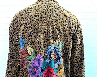 90's Velvet Animal Print - Artsy Jacket with a Floral Print - Size Medium - Platinum by Dorothy Schoelen - Unisex