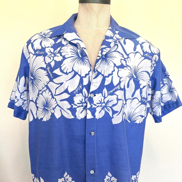 60's Aikane Hawaii -  Mens Hawaiian - Short Sleeve Shirt - Blue & White - Size Large