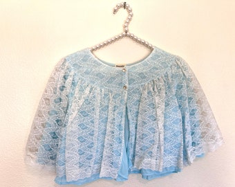 60's Nanette Light Blue White Lace Crop Jacket - Bed Jacket- Size Small