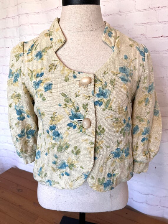 70's Soft Burlap Crop Button Up Blouse - Size Sma… - image 1
