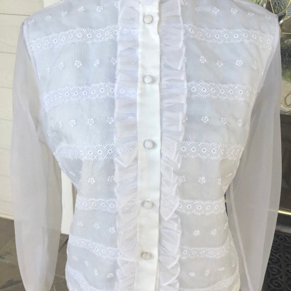 60s Camilla White Ruffle Sheer Blouse - Size 34 - image 2