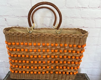 60&#39;s Straw and Beaded Tote Bag - Coated Straw / Wicker / Leather & Metal Handle