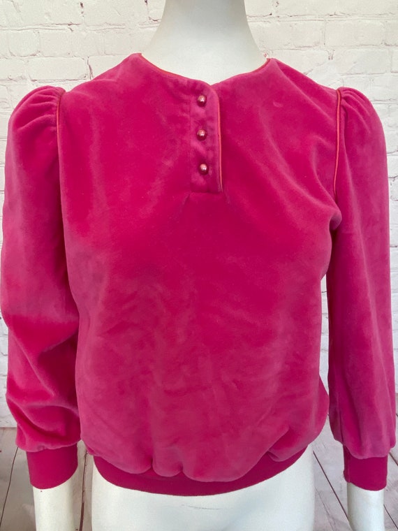70s Hot Pink Velour Womens Blouse - Medium