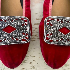 60s Velvet Red Slip-ons - Silver Medallion - 7-7.5  -  Bertlyn