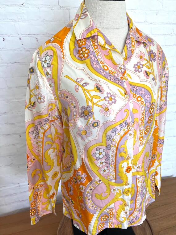 70's Alex Coleman Funky Floral Print Blouse - Siz… - image 2