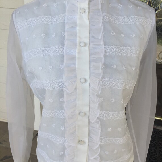 60s Camilla White Ruffle Sheer Blouse - Size 34 - image 4