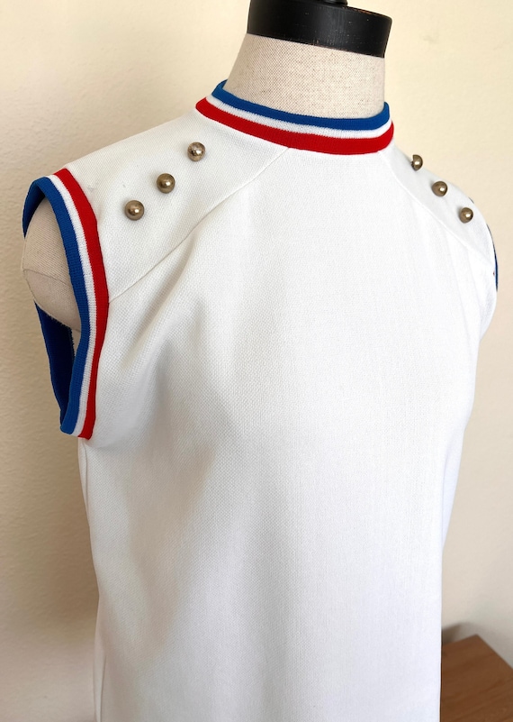 70's Sleeveless White Blouse with Red & Blue Trim 