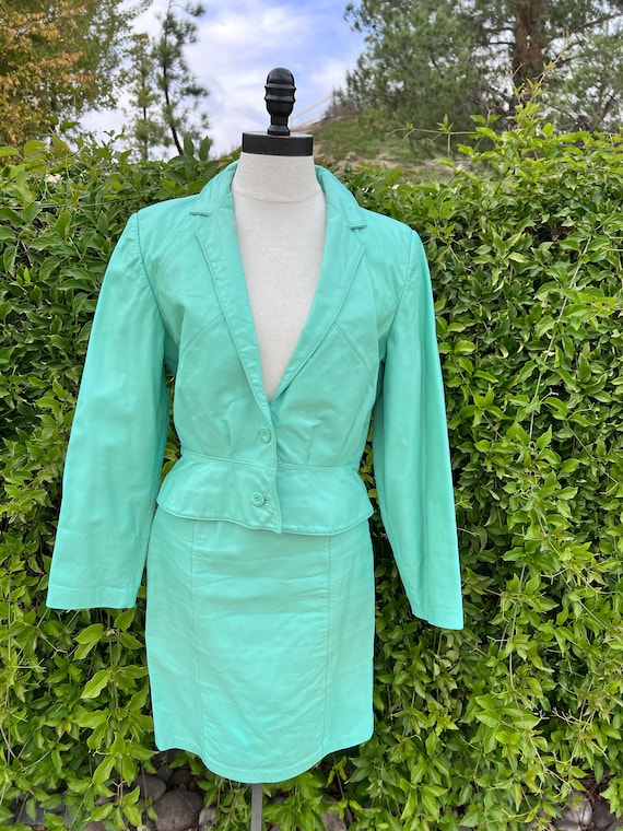 80's Leather Suit - Mint Green - Size 4 & 10 - Wi… - image 1