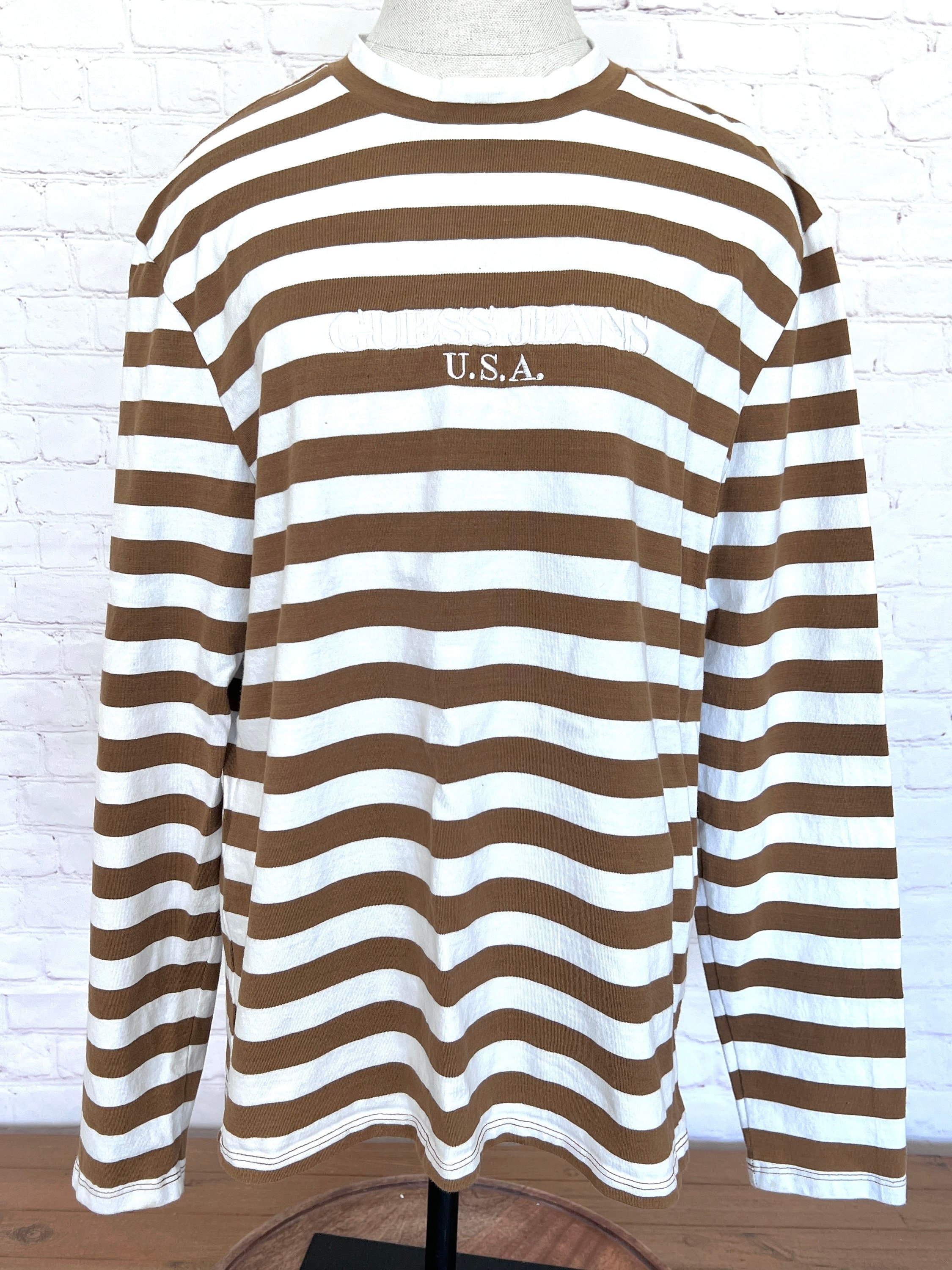 90's Guess Striped Tshirt Long Sleeve Brown & White Etsy