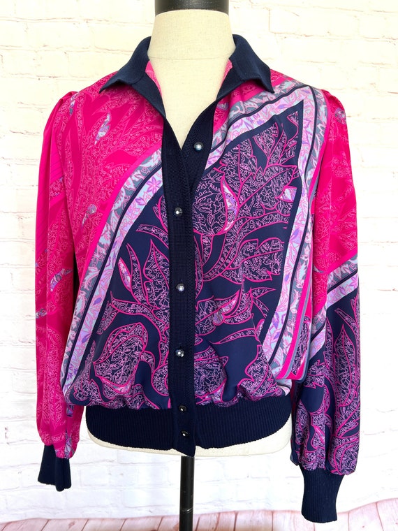 90's Abstract Womens Blouse - Hot Pink and Black B