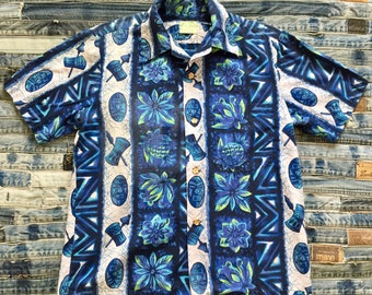 60&#39;s - Ui-Maikai Blue Hawaiian Mens Shirt - Size Medium