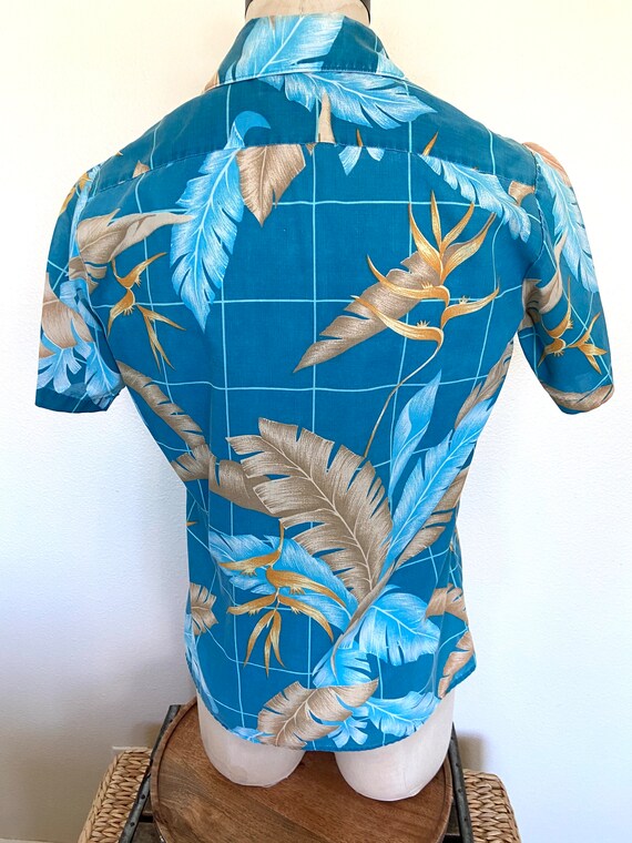 70's Waikiki Holiday Mens Hawaiian Turquoise Shir… - image 6