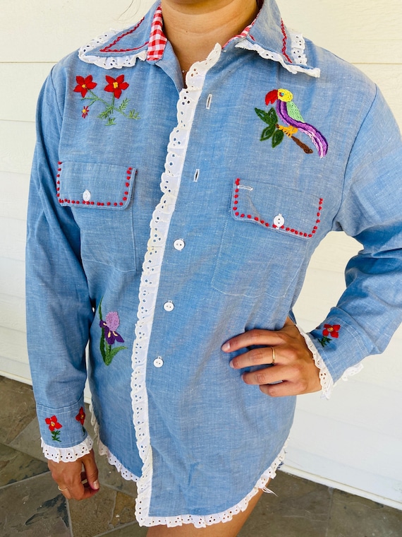 Vintage 1970/'s Denim Embroidered Shirt