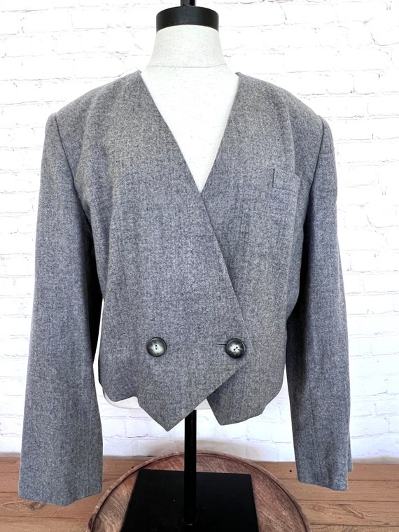 80's Evan Picone Crop Blazer - Gray - Wool Blend -