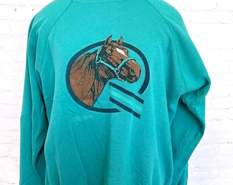 80's Horse Sweatshirt - Emerald Green - Raglan Sleeves - Size Large