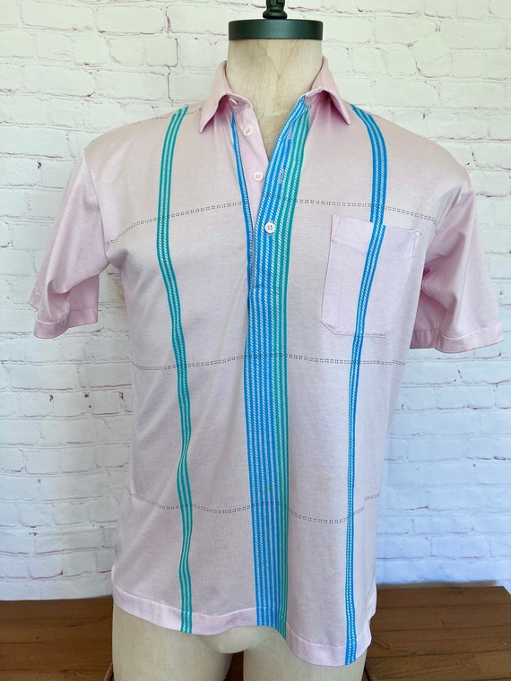 70's Mens Polo Shirt - Short Sleeve - Pastel Pink,