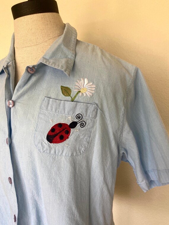 80s Chambray - Blue - Embroidered Short Sleeve Blo