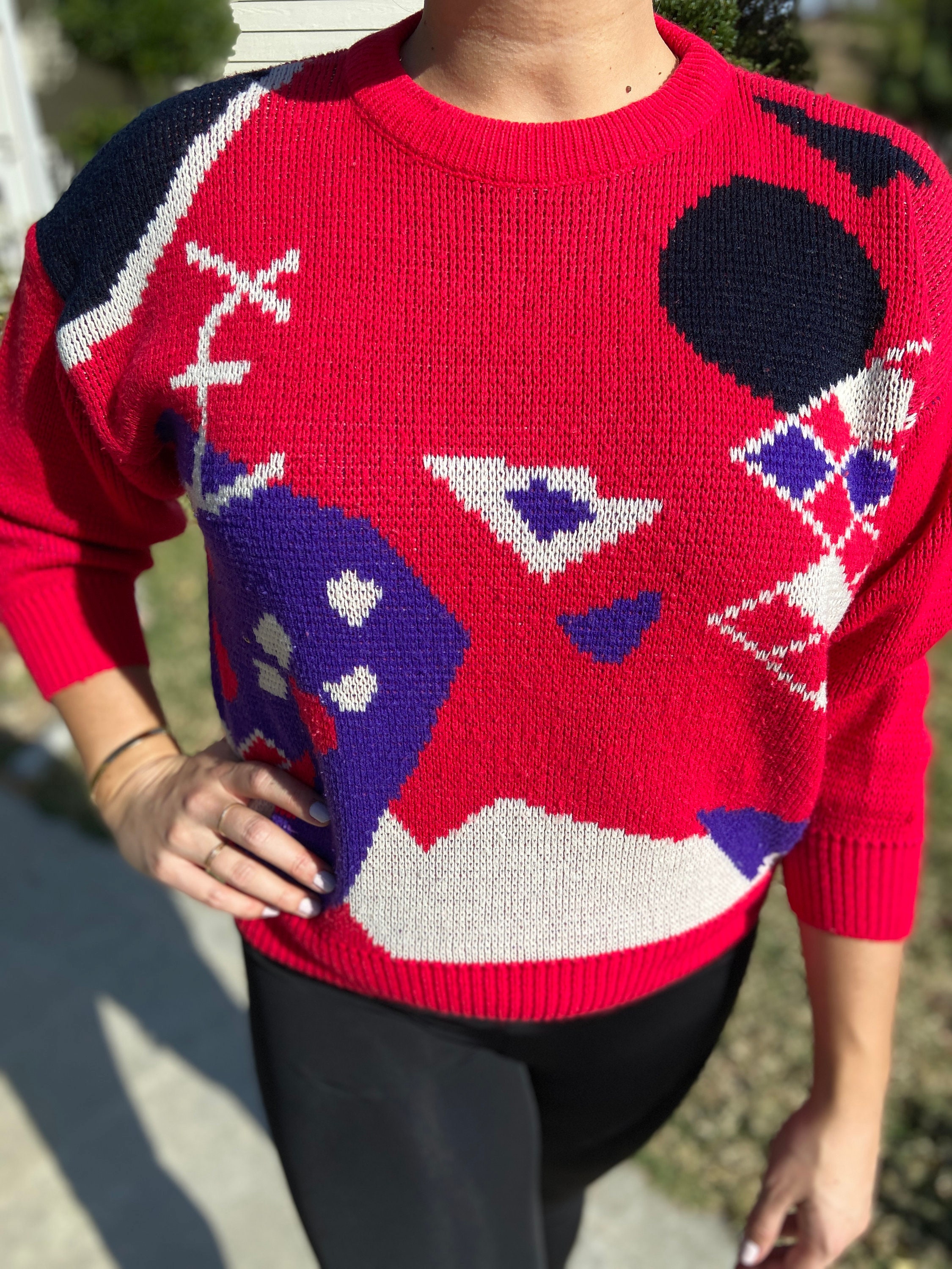 80's Abstract Bright Red Pullover 