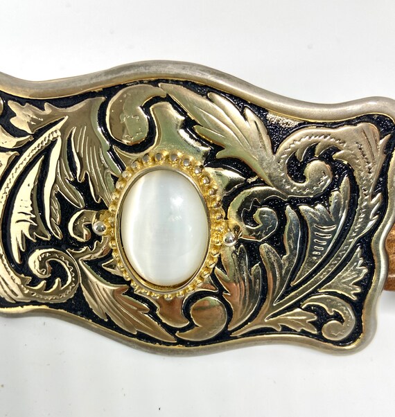 Silver and White Stone Belt Buckle and Belt - Vintage 80