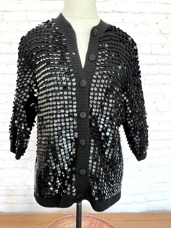 60's Black Sequin Button Up Sweater / Cardigan - F