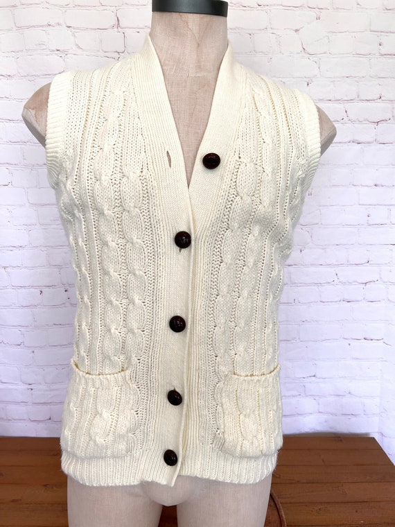 80's Sweater Vest - Button Up - Cable Knit - Size… - image 1