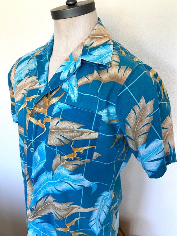 70's Waikiki Holiday Mens Hawaiian Turquoise Shir… - image 5