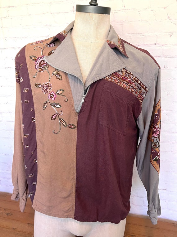 70's Funky Half Zip Printed Long Sleeve Shirt - Si