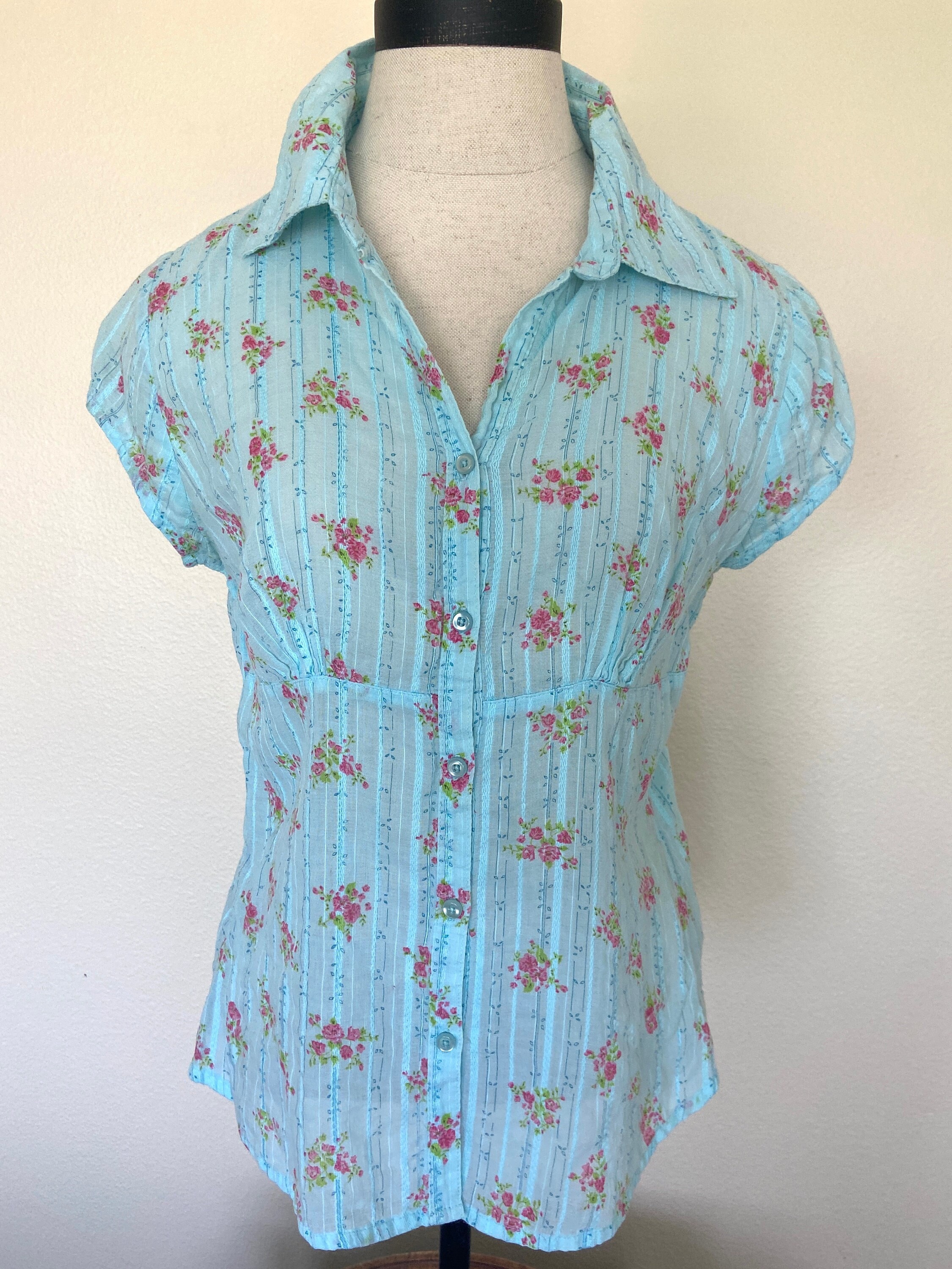 90s Jordache - Short Sleeve Blouse - Floral Print - Birght