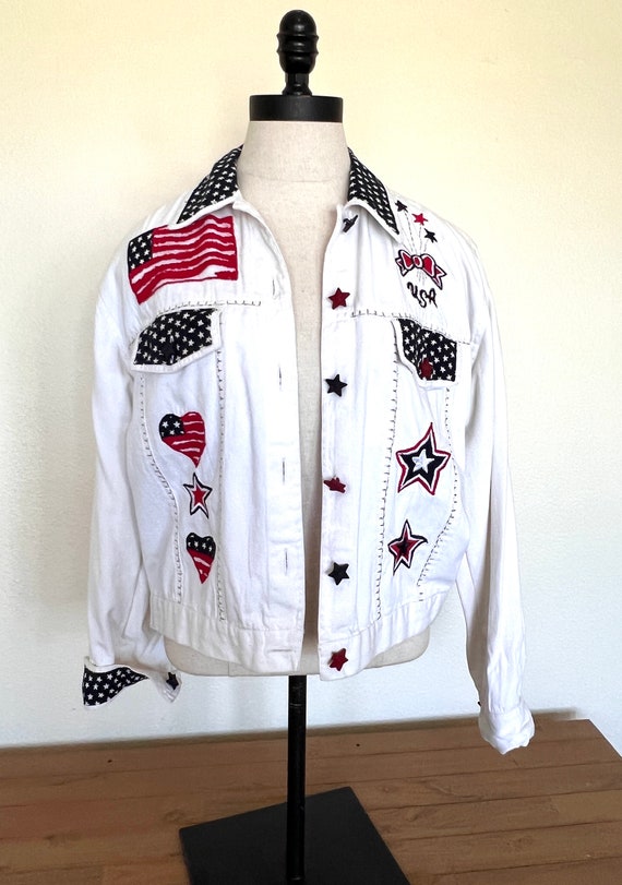 Patriotic Denim Jacket - White - Embroidered - USA