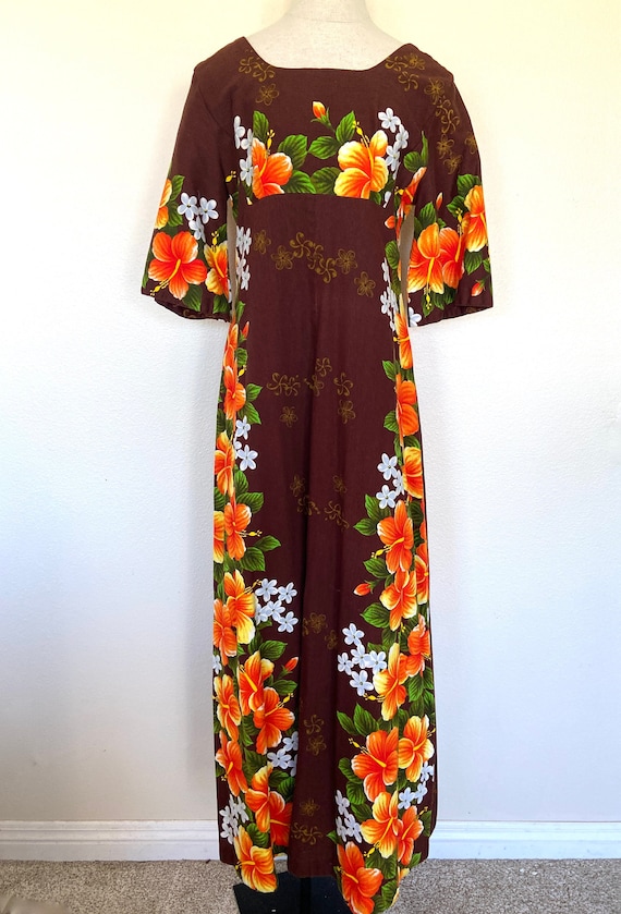 60's Ui-Maikai Maxi Dress - Brown with Orange Hibi