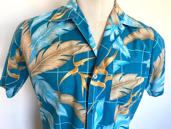 70's Waikiki Holiday Mens Hawaiian Turquoise Shir… - image 2